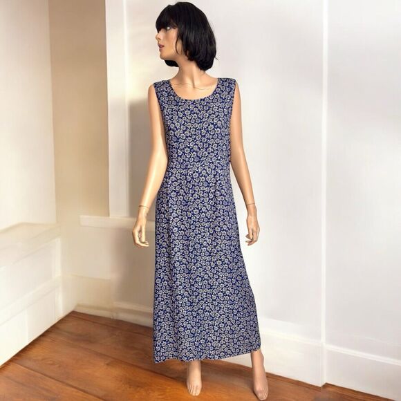 Vintage Y2k 90s Ditsy Floral Boho Maxi Dress 14 Sleeveles Dark Cottagecore Fairy - Picture 1 of 15